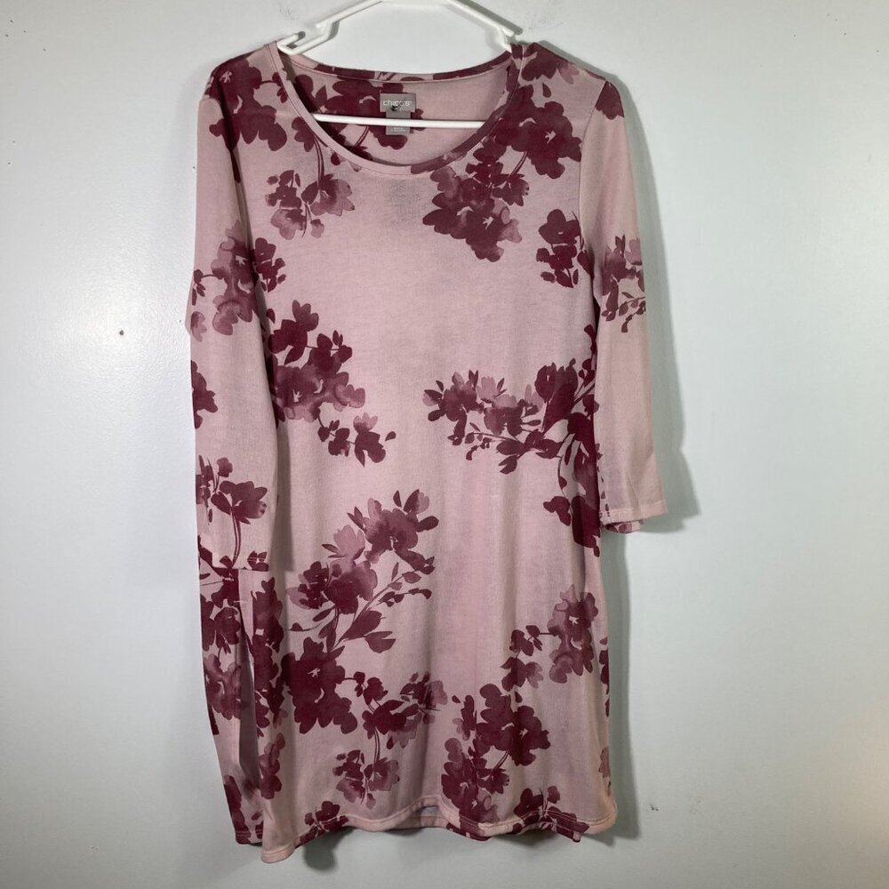 Womens Chicos 3/4 Sleeve Pink Floral Soft Light Sweater M Poly Rayon‎ Spandex